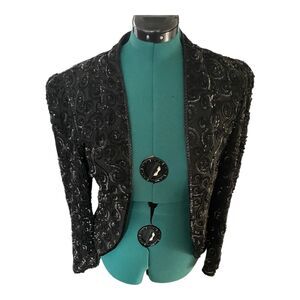 Vintage 70s/80s black silk beaded sequined open front evening jacket S glam